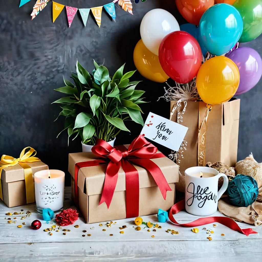 A whimsical scene featuring a beautifully wrapped gift box with colorful ribbons and a handwritten tag that reads 'For You'. Surrounding the gift are various unique items like a personalized mug, a quirky plant, and handmade candles, all set in a cozy, inviting room adorned with soft fairy lights. The background should have a hint of celebration with balloons and confetti. super-realistic. vibrant colors. cozy atmosphere.