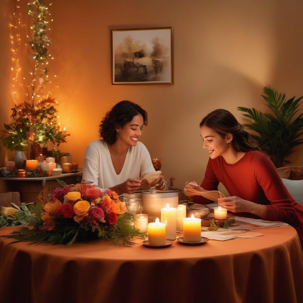 A beautifully arranged table showcasing an array of unique, handcrafted gifts including artisanal candles, personalized photo frames, and colorful experience vouchers, all set against a warm, inviting backdrop. Soft, ambient lighting creates a cozy atmosphere, with hints of greenery and flowers enhancing the scene. In the foreground, a couple shares a joyful moment, unwrapping their gifts, exuding happiness and surprise. The setting conveys the theme of celebration and connection. super-realistic. vibrant colors. warm lighting.