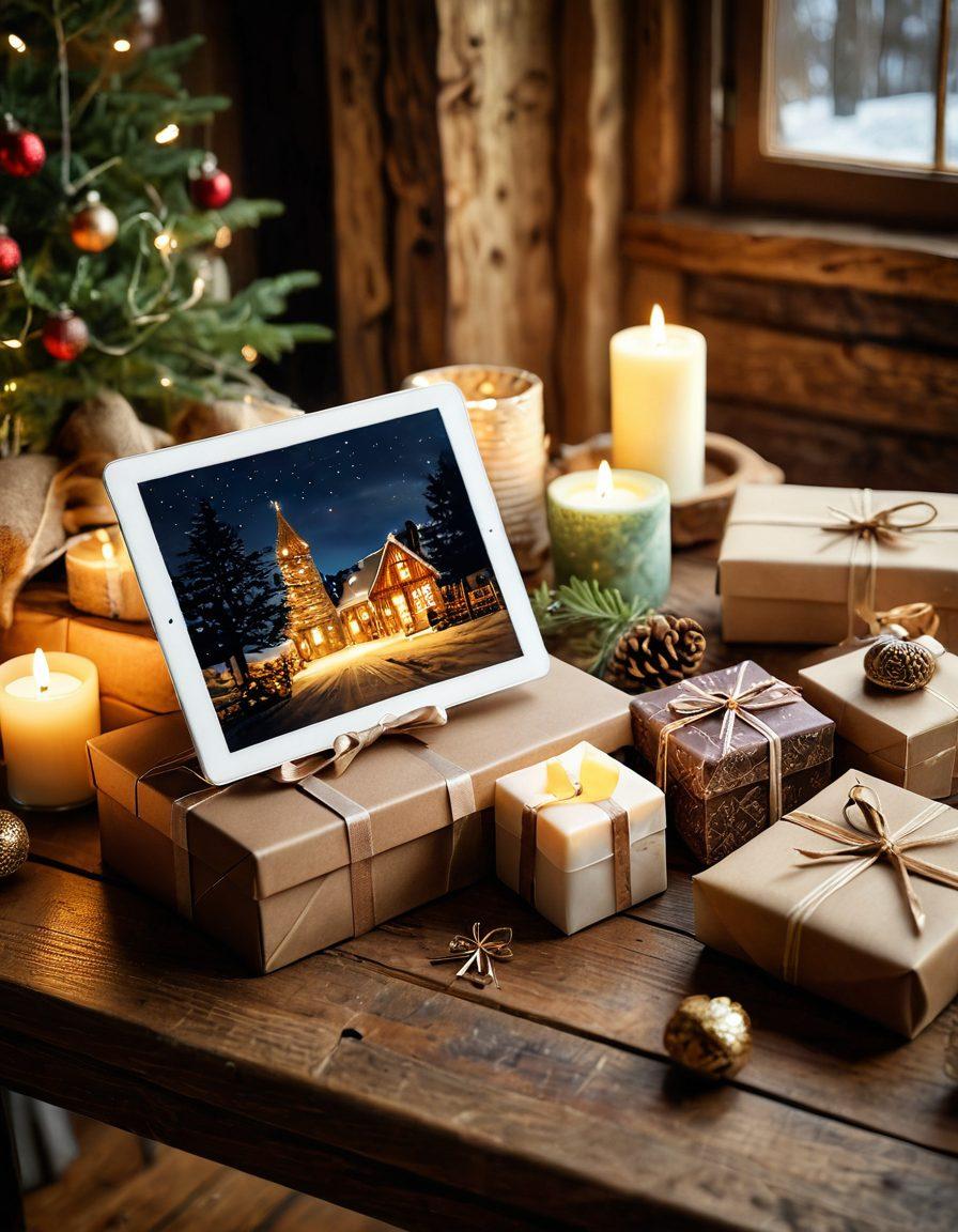 A cozy, warm scene showcasing a variety of gift options; from beautifully illustrated e-cards displayed on a digital tablet to exquisite handmade treasures on a rustic table. Surround the gifts with soft, ambient lighting, and include personal touches like heartfelt notes and delicate wrapping materials. Capture the feeling of love and surprise in this inviting setting. super-realistic. warm tones. soft focus.